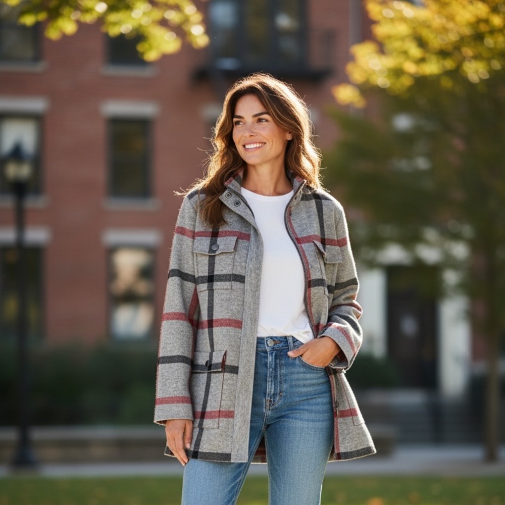 Anne Klein Gray Plaid Long Sweater Coat Women’s Size M